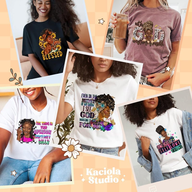Kaciola Black Girl DTF Transfers Ready to Press, 9 Sheets Black Women Iron on Transfers Washable Stickers Iron on Decals for T Shirts Hoodie DIY Crafts - Image 5